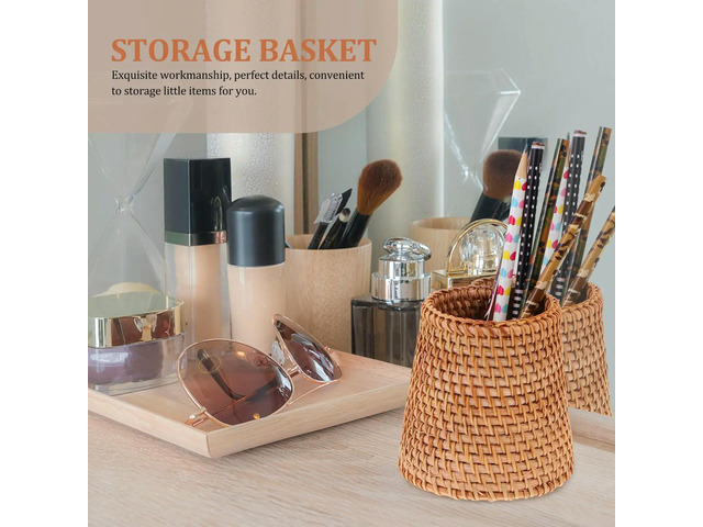 1Pcs Rattan Woven Pen Holder Compact Desktop Organizer Basket for Stationery Sundries and Small Items Home Accessory