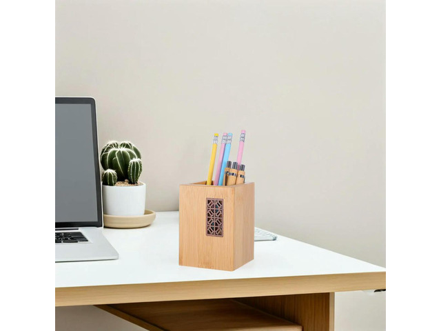 Bamboo Pen Holder Carved Pattern Multifunctional Desktop Organizer Pencil Stand Pen Cup for Office School Home Workspace