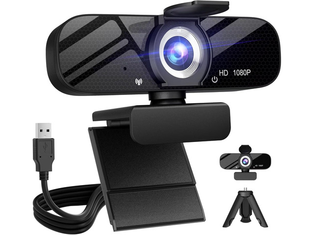 Tewiky Full HD Webcam with Built-in Microphone and Rotatable Tripod, 1080P Video and Wide Angle Camera, Privacy Cover, for Desktop PC or Laptop...