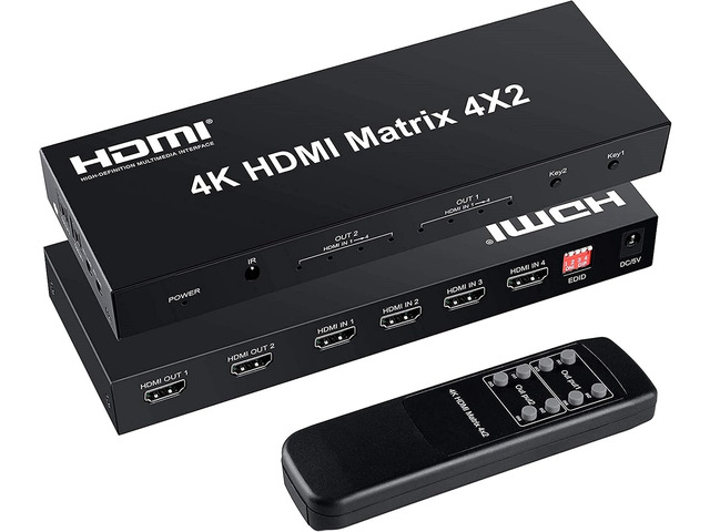 4x2 HDMI Matrix Switch, 4 in 2 Out Matrix HDMI Video Switcher Splitter + Optical & L/R Audio Output, Support Ultra HD 4K,3D 1080P, Audio EDID...