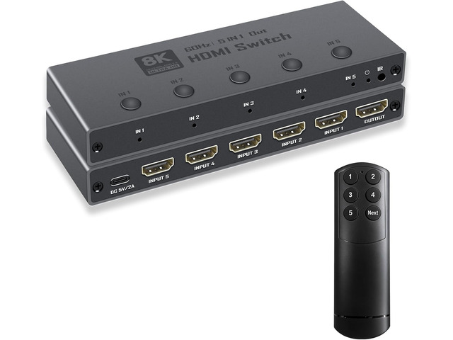 Enbuer 8K HDMI 2.1 Switch, HDMI 2.1 Switcher 5 in 1 Out Supports CEC 8K@60Hz, 4K@240Hz, 1080P@480Hz, HDCP 2.3 HDR 3D Dolby Atmos VRR Compatible...