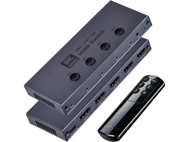 HDMI 2.1 Switch, 8K HDMI Switcher 4 in 1 Out 8K@60Hz 4K@240Hz HDMI 2.1 Switcher Selector with Remote Support CEC 3D HDR HDCP2.3 Dolby Vision/Atmos...