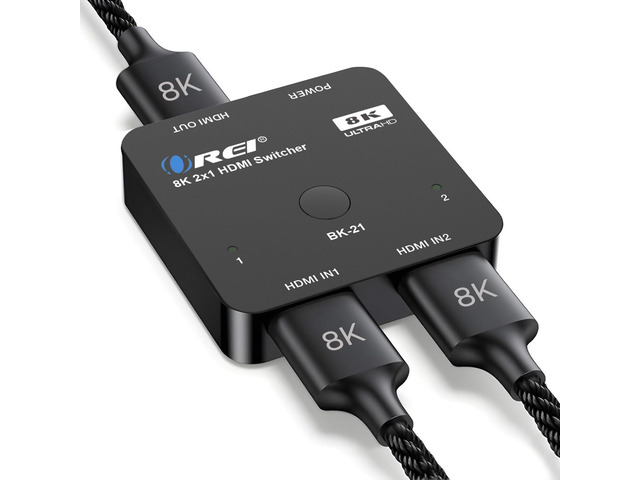 OREI 8K 2-Port HDMI 2.1 Switch, 8K@60Hz, 4K@120Hz, Auto and Manual Switch