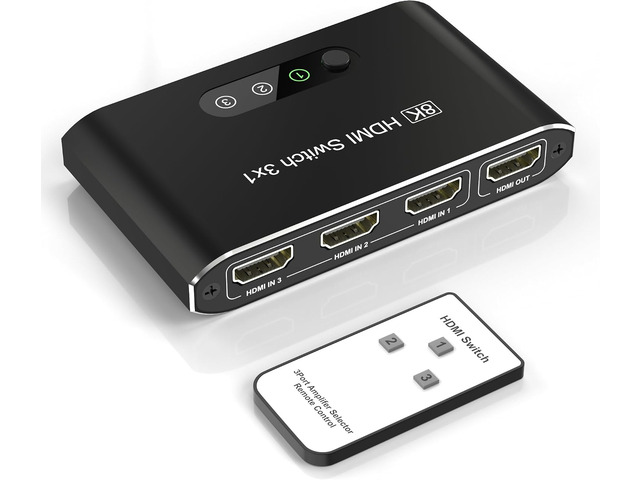 8K HDMI 2.1 Switch 3 in 1 Out, Aluminum HDMI Switcher with Remote & Auto Switch, Supports 4K@120Hz, HDCP 2.3, HDMI Splitter Selector Box Compatible...