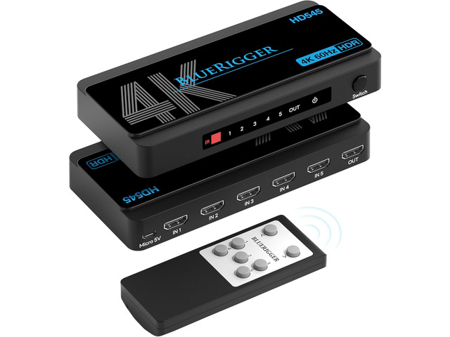 BlueRigger 4K HDMI Switch 5 in 1 Out (4K 60Hz, 5 Port Video Switcher, HDMI Hub, HDR10+, 18Gbps, Selector Box with IR Remote) Compatible with HDTV,...