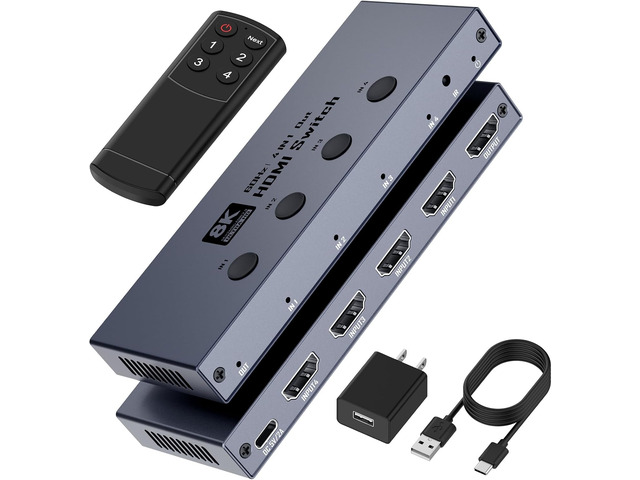 8K HDMI 2.1 Switch 4 in 1 Out 48Gbps, 4K@240Hz 4K@120Hz 144Hz HDMI Switcher Selector with Remote Control, Supports VRR ALLM QFT HDCP 2.3 for PS5,...
