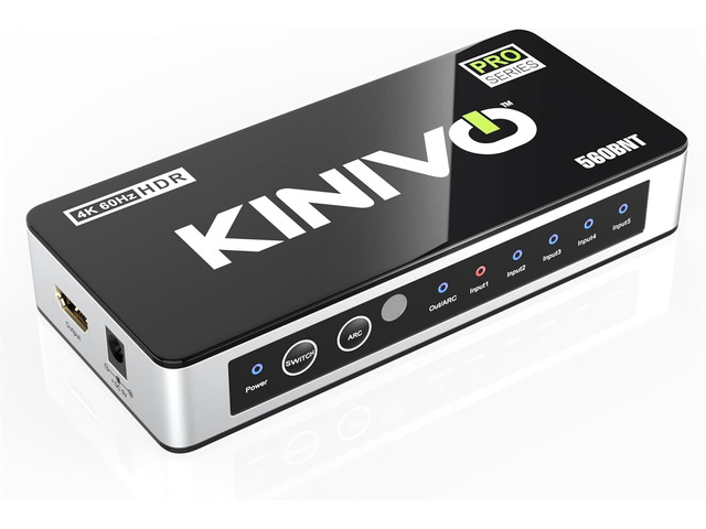 Kinivo HDMI Switch with Audio Extractor 560BNT (5 in 1 Out Hub, Toslink Optical Audio Port, SPDIF, 4K 60Hz Switcher, 18Gbps, IR Remote) -...