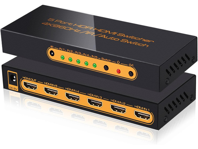 SkycropHD 4K@60Hz 5x1 HDMI Switch with Remote, 5 in 1 Out HDMI 2.0 Switcher