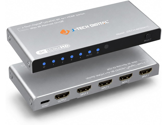 J-Tech Digital HDMI Switch 4K 120hz, 2.1 Switch 4 in 1 Out, 8K 60Hz 1080P 240Hz IR Remote Auto Switch USB C Power Cable, Compatible with HDR &...