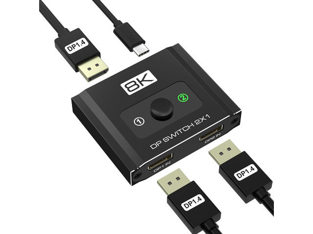 DisplayPort Switch 2 in 1 Out, 8K@60Hz DP 1.4 Switcher Selector Box, Unidirectional Display Port Switcher for Dual PCs & Gaming Consoles, 4K@144Hz...