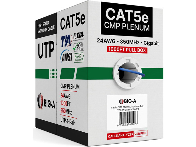 Big-A - Plenum Ethernet Cable 1000ft, Bulk Cat5e Cable (CMP) Gigabit Solid Network Wire, 350MHz Cat5e Ethernet Cord, Unshielded Twisted Pair (UTP)...