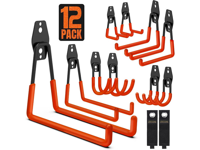 Garage Hooks, 12 Pack Wall Storage Hanger with 2 Extension Cord Straps, Heavy Duty Tool Holder for Utilities Organization, Wall Mount Rack for...