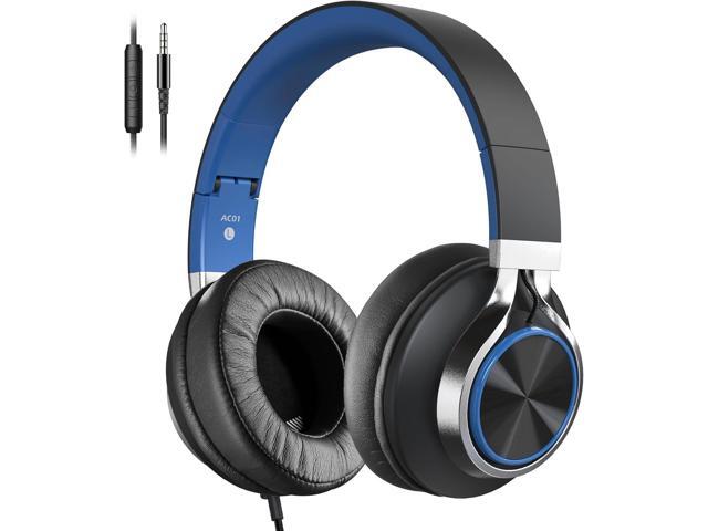AC01 Over-Ear Headphones Wired with Mic Volume Control, Black Blue Passive Noise Isolating Corded Stereo Headsets for Adults Teens Kids 3.5mm for.