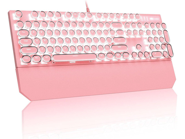 MageGee Typewriter Mechanical Gaming Keyboard, Retro Punk Pink Round Keycaps, 104 Keys LED White Backlit Wired Keyboards for Laptop MAC PC Gamer,...