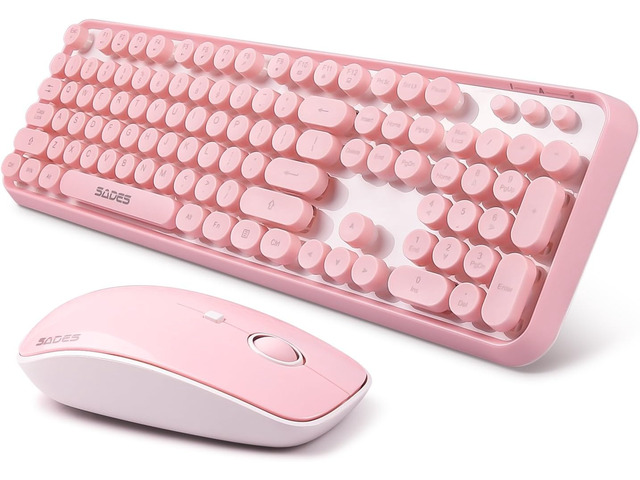 Pink Wireless Keyboard and Mouse Combo,Cute Typewriter Style,for Long Nails Bubble Round Keys,Ergonomic Computer Keyboard,ASMR Clicky...