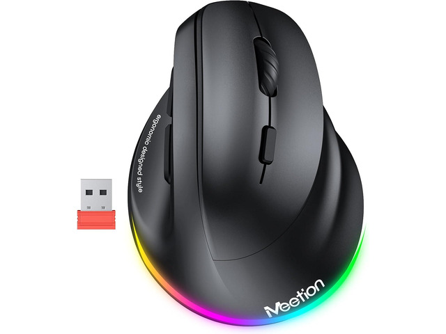 MEETION Ergonomic Wireless Vertical Mouse, Rechargeable, Black Bluetooth 5.2 + 3.0 and USB connectivity, RGB backlight, 4 DPI adjustment,...