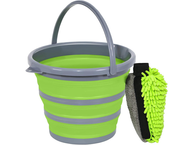 Collapsible Bucket with 3-in-1 Car Wash Mitt, Coral Velvet + Weave + Chenille Microfiber Glove Sponge, 10L (2.6 Gallon) Portable Folding Basin Pail...