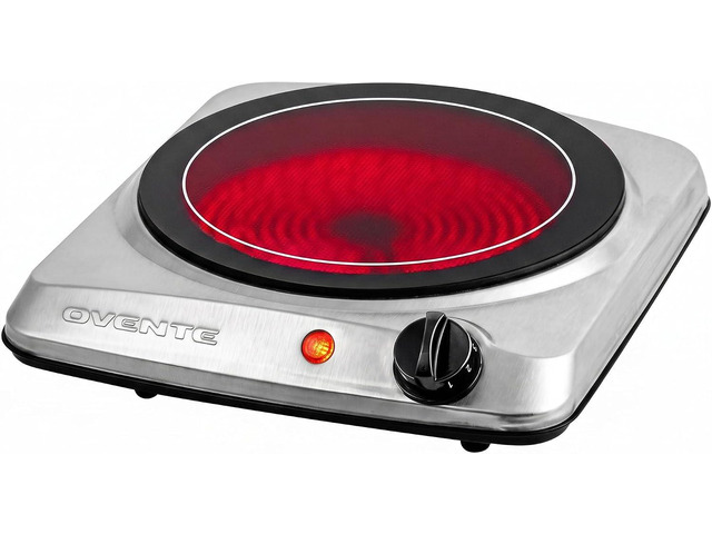 OVENTE Electric Infrared Single Burner, 1000W Hot Plate, Silver BGI101S 7 Ceramic Glass Cooktop, Stainless Steel, 5 Level Temperature Setting,...