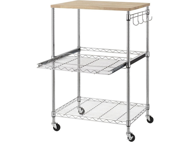 Finnhomy 3-Tier Rolling Kitchen Cart, Microwave Cart with Oak Wood Tabletop and Drawer Slider, Coffee Cart & Food Service Cart with Hooks, Chrome