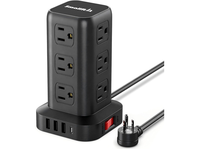 Extension Cord with Multiple Outlets, SMALLRT Power Strip Tower, Outlet Extender with 12 AC Outlets 4 USB, 6.5FT Extension Cord for Home Dorm Room,...