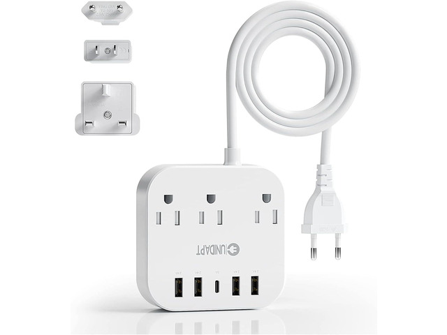 European Plug Adapter, Unidapt US to UK Europe Power Strip for EU/UK/US with USB C and 4 USB Ports, 3 AC Outlets, Wall Mountable, 5ft Extension...