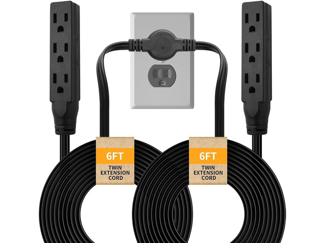 Twin Extension Cord, 12 Ft Flat Wall Plug, 6 Feet on Each Side, 3 Prong Power Strip with 6 Outlets, Double Extension Cord Splitter for Behind Bed,...