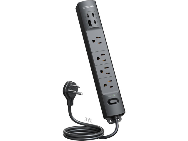 TROND Wall Mount Power Strip Surge Protector with USB C Ports, 4 AC, 3 ft Low Profile Plug, 4 USB, 1440 Joules, Black Extension Cord for Home...