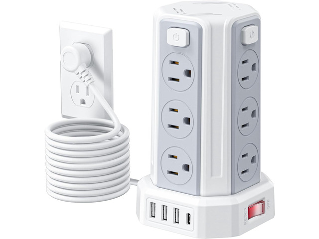 Power Strip 10 Ft Extension Cord with 12 AC Multiple Outlets 4 USB (1 USB C), SMALLRT Power Strip Tower Desktop Charging Station for Home Office...