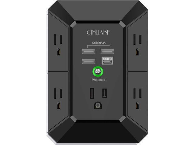 USB Wall Charger, Surge Protector, QINLIANF 5 Outlet Extender with 4 USB Charging Ports (4.8A Total) 3-Sided 1680J Power Strip Multi Plug Outlets...