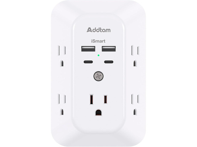 Addtam 5-Outlet Extender Surge Protector, Multi Plug Wall Outlet with 4 USB Wall Charger(2 USB C Ports), Outlet Splitter Power Strip for Home...