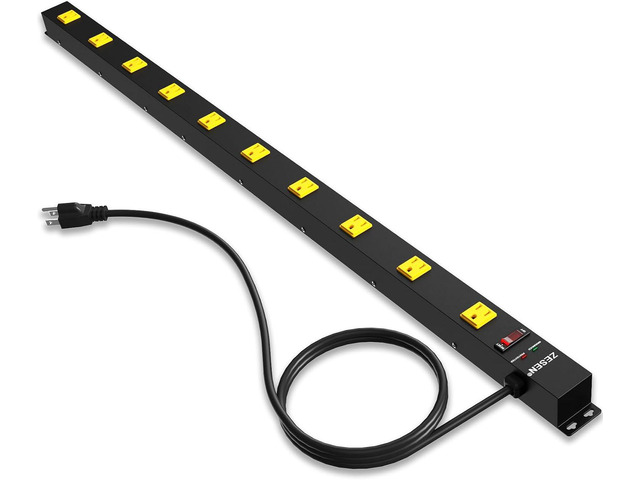 10 Outlet Long Power Strip Wide Spaced Metal Power Strip with 4FT Cord Heavy Duty Industrial Power Strip for Work Bench Garage Shop, Overload...