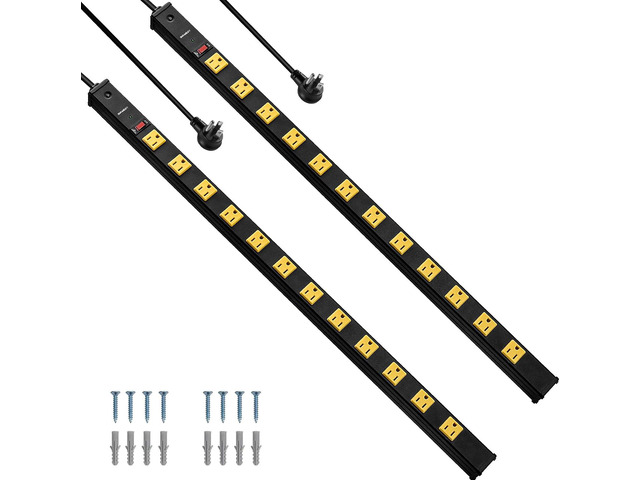 12 Outlet Metal Power Strip, 15FT Cord Surge Protector, 2 Pack Flat Plug, Wide Spaced Outlet Bar, 15A Breaker, Wall Mountable, Industrial Heavy...