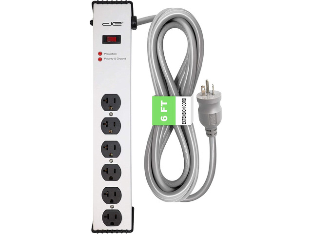 20 Amp 6-20/T- Slot Plug 6-Ft Cord - 900 Joule Surge Protector 6-Outlet, Heavy Duty Steel Body Power Strip