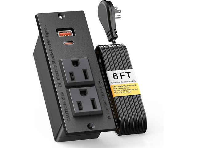 Recessed Power Strip, Flat Plug Furniture Table Outlets with USB C 20W and 1 USB A Port for Multiple Devices, 6ft Extension Cord, 20W Power...