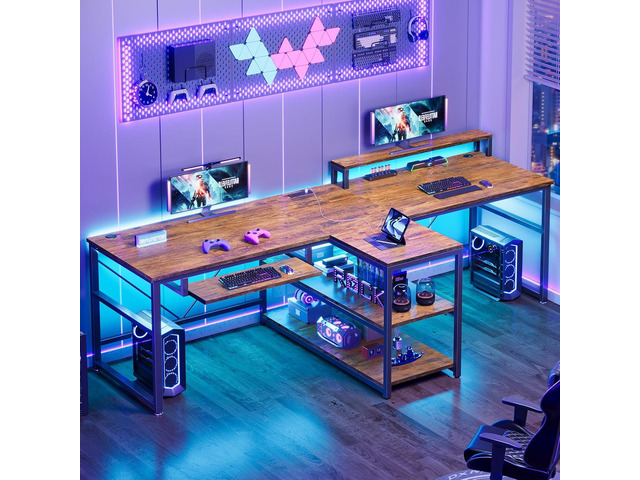 SEDETA 94.5' 2 Person Gaming Desk with Storage Shelf,LED Light,Rustic Brown Double T Shaped Office Desk with Keyboard Tray, Power Strip with USB...