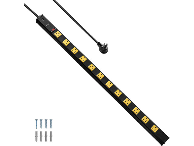 12 Outlet Industrial Long Power Strip Surge Protector, 15 FT Cord Flat Plug, Wide-Spaced Outlets, 15A Circuit Breaker, Wall Mount, Heavy Duty...