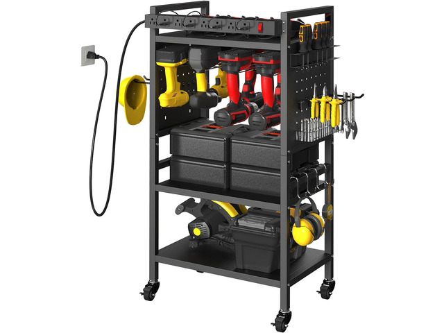 Power Tool Organizer Cart with Charging Station, 4-Tier Rolling Tool Cart for Garage Storage,Heavy-Duty Floor-Standing Storage Rack with 8-Outlet...