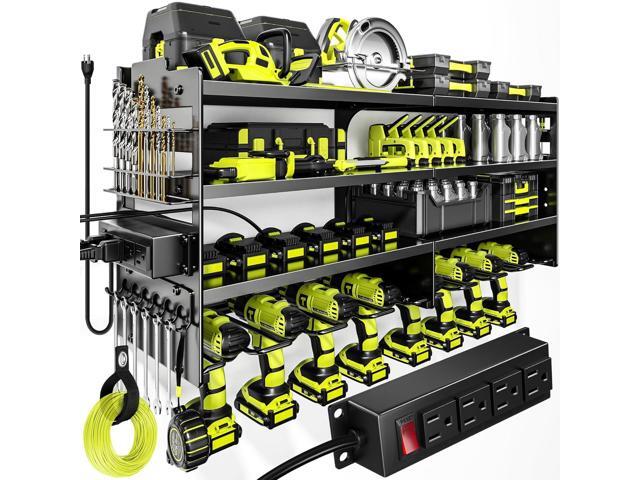 POKIPO Large Power Tool Organizer Wall Mount with Charging Station,4 Layer Heavy Duty Metal Tool Storage Rack Loads 600lbs with 8 Cordless Drill...