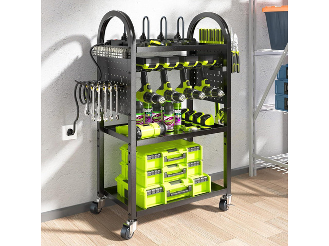 Power Tool Organizer Cart with Charging Station,Garage Floor Rolling Storage on Wheels for Mechanic,Mobile 8 Drill Holder, Utility Cart with...