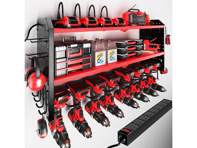 Power Tool Organizer with Charging Station, Built in 8 Outlet Power Strip, Large 8 Drill Holder Wall Mount, Heavy Duty Metal Power Tool Storage...
