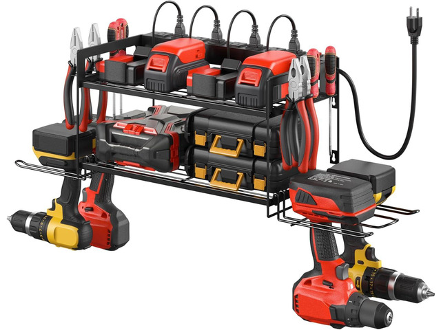 CCCEI Garage Tools Storage with Charging Station. Power Tool Battery Organizer Utility Shelf with Power Strip. 4 Drills Holder Wall Mount Rack, Black.