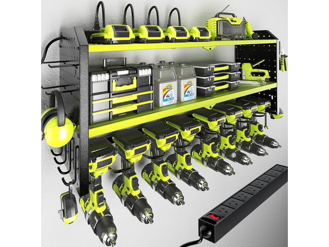 Power Tool Organizer with Charging Station, Built in 8 Outlet Power Strip,Large 8 Drill Holder Wall Mount, Heavy Duty Metal Power Tool Storage Rack...
