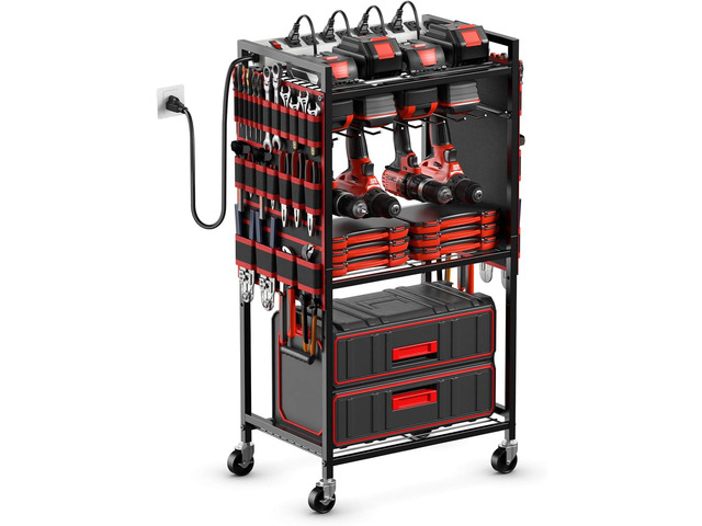 JUNNUJ Power Tool Organizer Cart with Charging Station, 6 FT Cord, Red Floor Standing, Large Garage Rolling Storage Cart on Wheels, Heavy Duty...