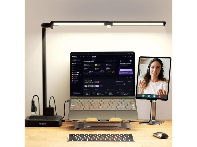LED Desk Lamp for Home Office: Desk Light Double Head Adjustable with Power Strip 2 AC Outlets, USB-C USB-A Charging Ports Surge Protection,...