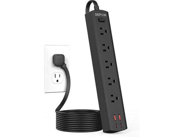 DEPOW Flat Plug Power Strip, 5 Outlets 4 USB for HomeOffice DormDesk, 5 Ft Black,1700J Surge Protection, Ultra-thin Flat Extension Cord, 2 USB-C...
