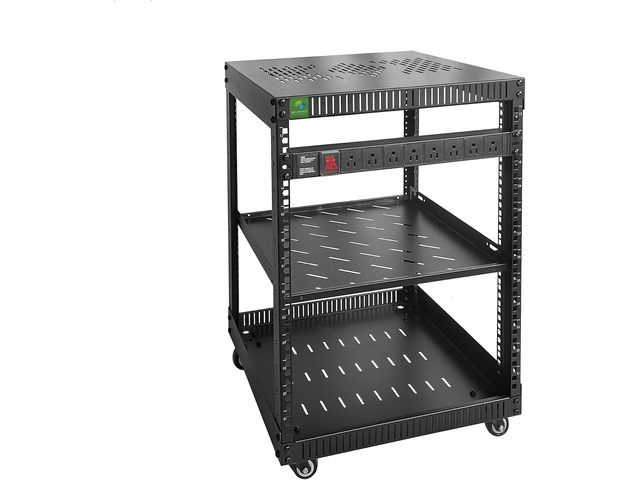 RIVECO 12U Network Rack with Reinforced Top Cover - 4 Post Floor Rack on Wheels for 19' Equipment & Stereo Gear- Including Rack Mount Power Strip &...
