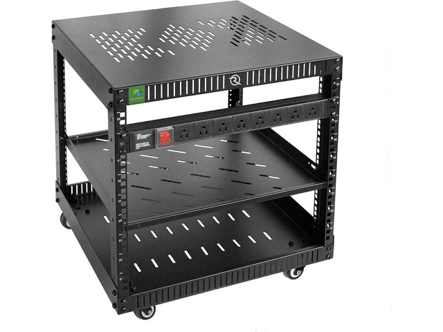 RIVECO 9U Network Rack with Reinforced Top Cover - 4 Post Floor Rack on Wheels for 19' Equipment & Stereo Gear- Including Rack Mount Power Strip &...