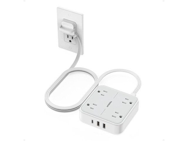 TESSAN Surge Protector Flat Extension Cord 5 Ft, Ring Plug Power Strip 4 Outlets 3 USB Ports (1 USB C), 900 Joules Protection, Multiple Wall...