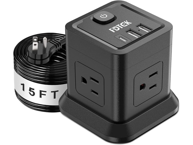 FDTEK 15 FT Extension Cord Power Strip USB C, 4 Outlets 3 USB Ports Black 15ft Extra Long Extension Cord Widely Spaced Outlets Flat Plug Power...