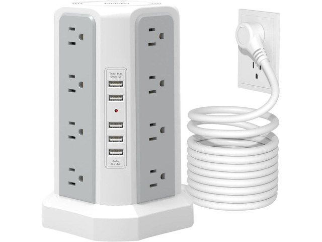 Surge Protector Power Strip Tower with USB Ports, Fararaka 10 FT Extension Cord with 16 Multiple Outlets and 5 USB Ports, Flat Plug Charging...